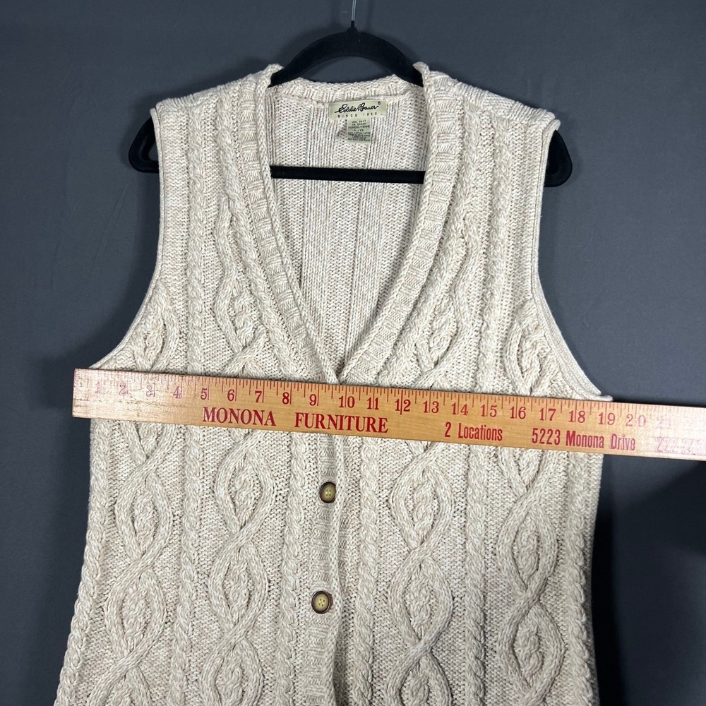 Eddie Bauer Cable Knit Sweater Vest Large Cream Cotton Button Front Grandpa Core - Picture 4 of 7